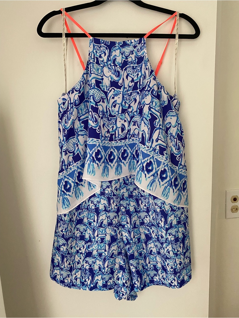 Lilly Pulitzer Blue Printed Halter Romper with Neon Pink Straps